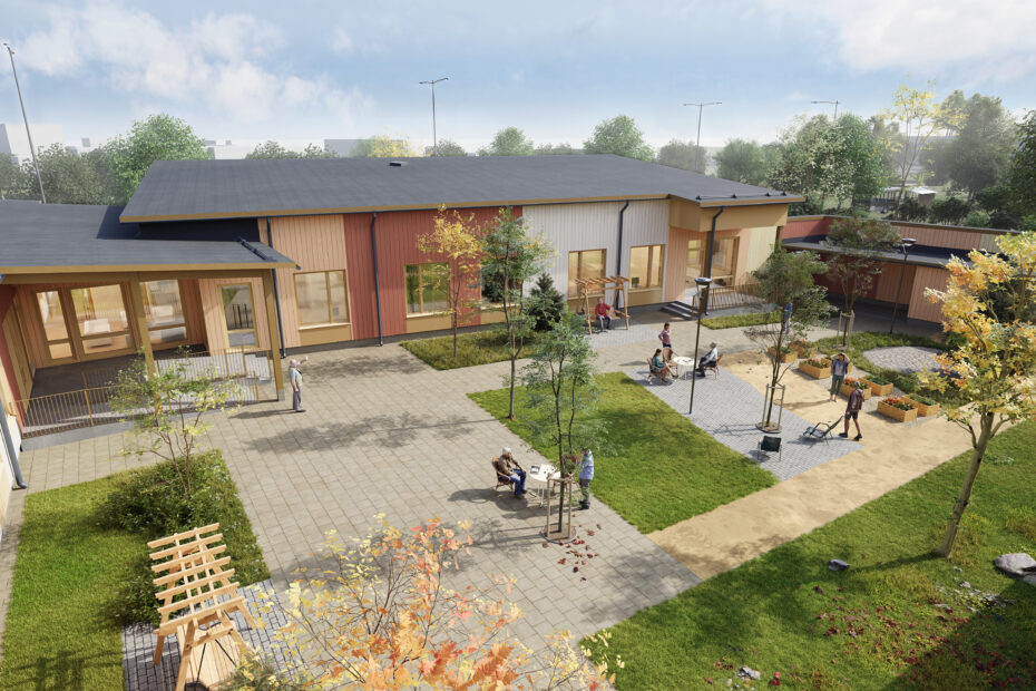 Havainnekuva Ykköskoti Tähtirinteestä ja sen pihasta korkealta otettuna.