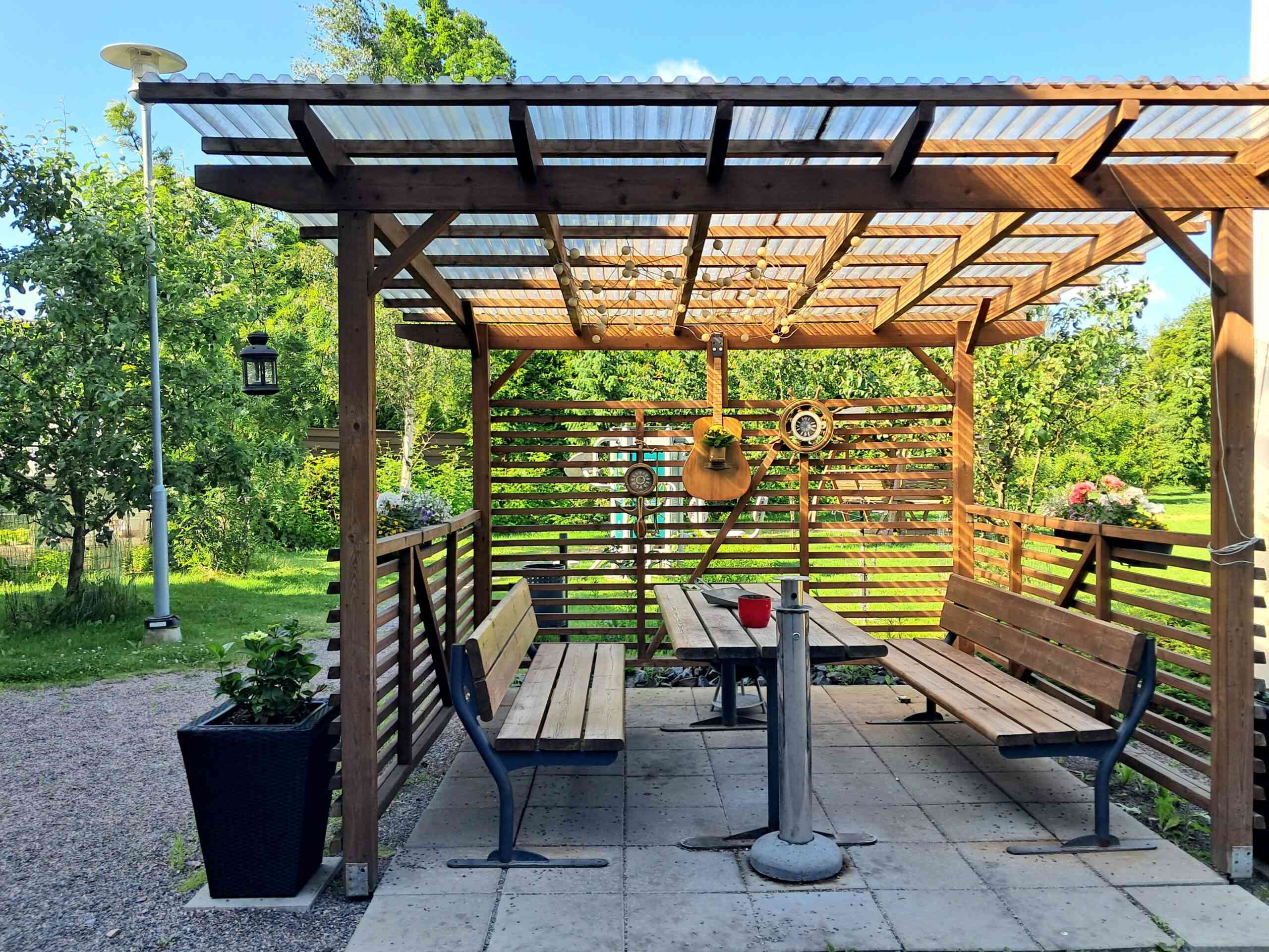 Yksikön pihalla oleva puinen katos ja penkit 